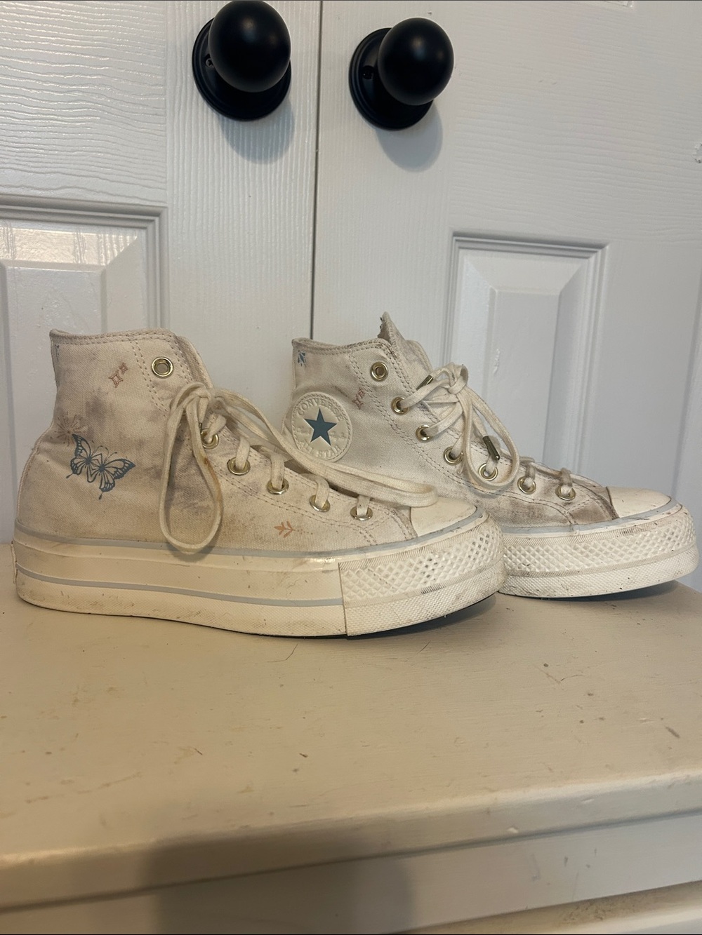 Converse High-Top Platform Sneakers in White with Blue Star